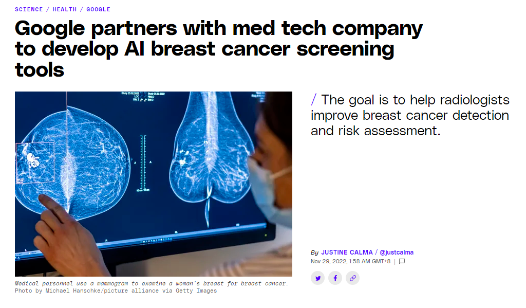 谷歌与医疗技术公司合作开发 AI 乳腺癌筛查工具，目标 2024 年临床部署
