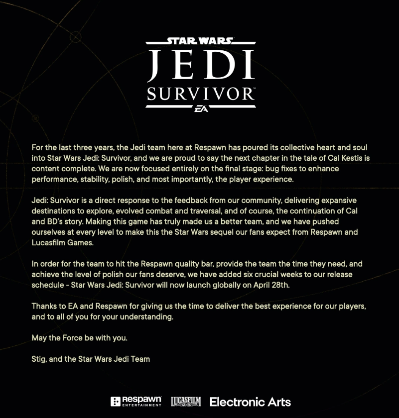EA：《星球大战绝地：幸存者》推迟至今年 4 月底发售