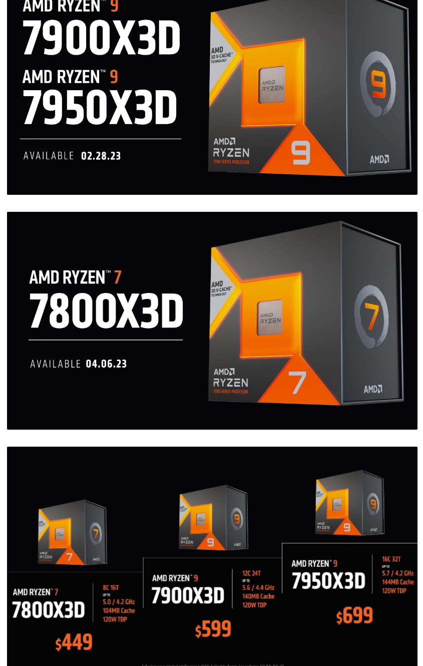 AMD 锐龙 7000X3D 系列处理器官宣 2 月 28 日起上市，售价 449 美元起