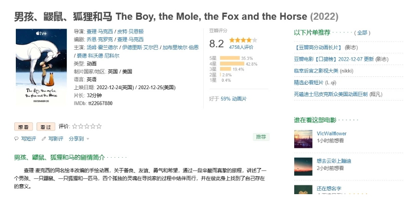 苹果动画电影《男孩、鼹鼠、狐狸和马》获得第 50 届年度安妮奖四项大奖