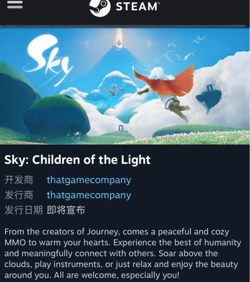 网易游戏《Sky 光・遇》PC 版上线 Steam 商店，支持中文