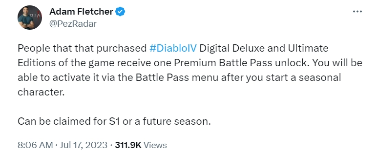 暴雪《暗黑破坏神 4》赛季通行证确认多平台互通，7 月 21 日上第一赛季