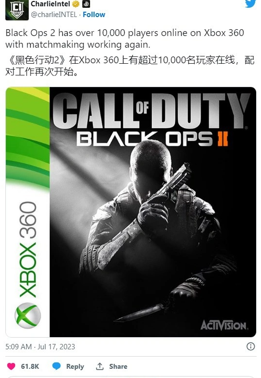 上周末 Xbox 360 平台《使命召唤：黑色行动 2》游戏同时在线玩家数量破 1 万