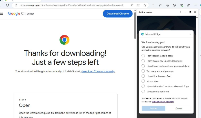 微软 Edge 浏览器“花式”操作：用户安装 Chrome 时新增问卷调查