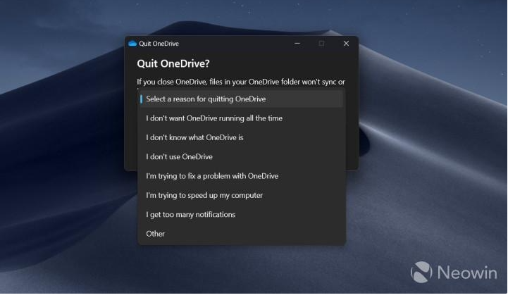 微软再出花式调查：关闭 OneDrive 应用前，需回答提问