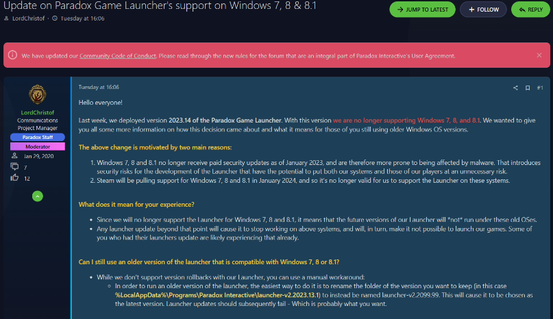 P 社游戏启动器不再支持微软 Win7、8、8.1 系统