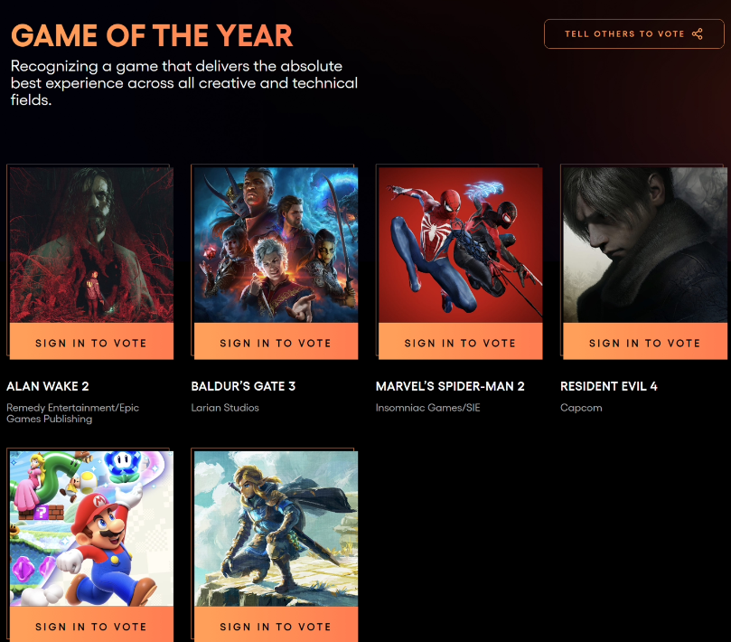 TGA 2023 年度最佳游戏提名公布：《博德之门 3》《心灵杀手 2》《漫威蜘蛛侠 2》等 6 款