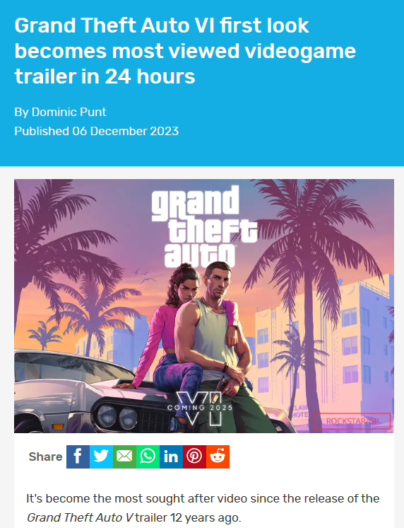 吉尼斯认证，《GTA 6》首支预告片打破三项世界纪录