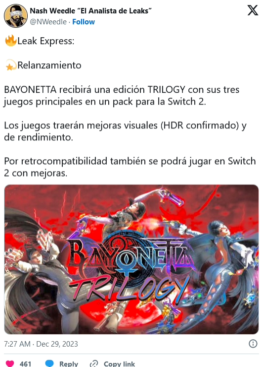 随 Switch 2 发布，消息称任天堂正打磨《猎天使魔女》三部曲游戏