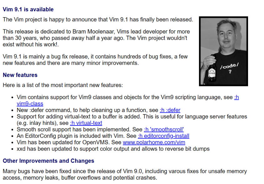 Vim 编辑器 9.1 版本发布，谨献给已故首席开发者 Bram Moolenaar