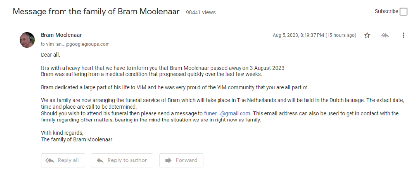 Vim 编辑器 9.1 版本发布，谨献给已故首席开发者 Bram Moolenaar