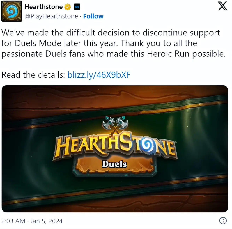 暴雪宣布《炉石传说》对决模式停止更新，预计 4 月移出游戏客户端