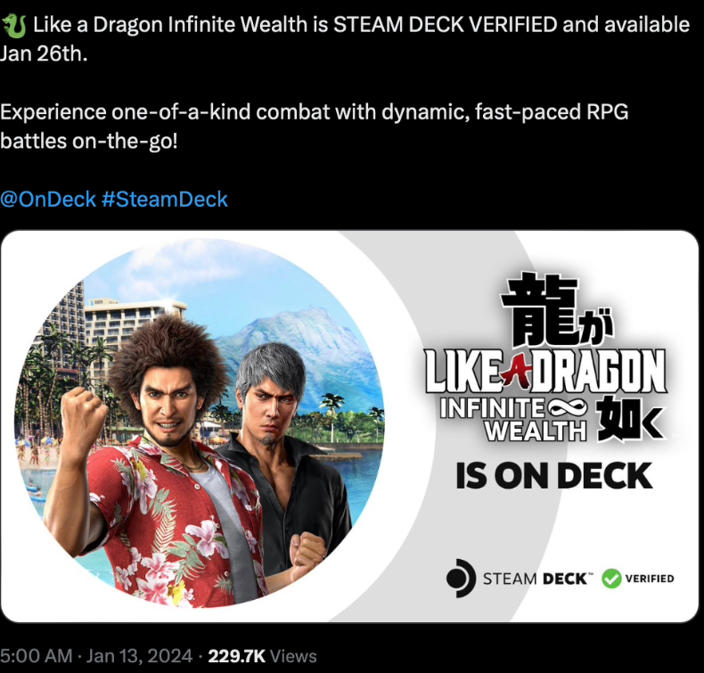游戏《人中之龙 8：无尽财富》官宣通过 Steam Deck 可玩性验证，掌机平台大作又添一员